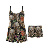 Skull rose humming bird flower pattern Chest Sexy Pleated Two Piece Swim Dress