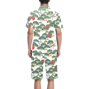 Bonsai red sun japanese pattern Men's V-Neck Short Pajama Set