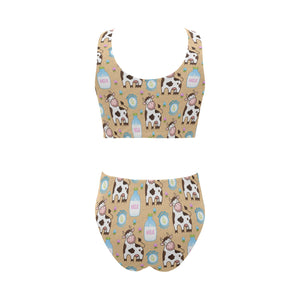 Cow bottle of milk pattern Chest Bowknot High Waisted Bikini Swimsuit