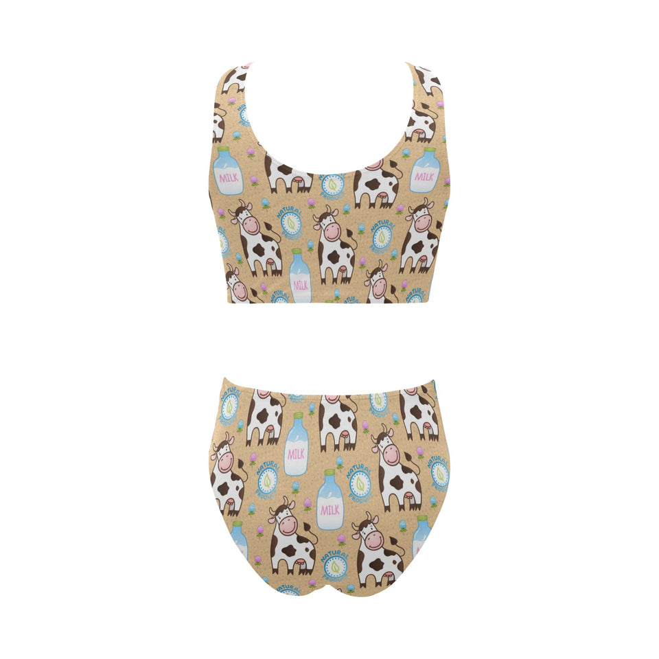 Cow bottle of milk pattern Chest Bowknot High Waisted Bikini Swimsuit