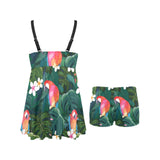 Parrot Palm tree leaves flower hibiscus pattern Chest Sexy Pleated Two Piece Swim Dress