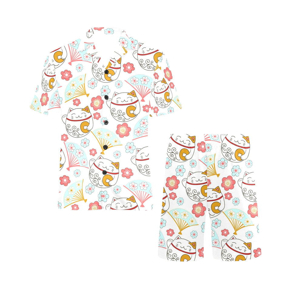Maneki neko cat fan sakura Men's V-Neck Short Pajama Set