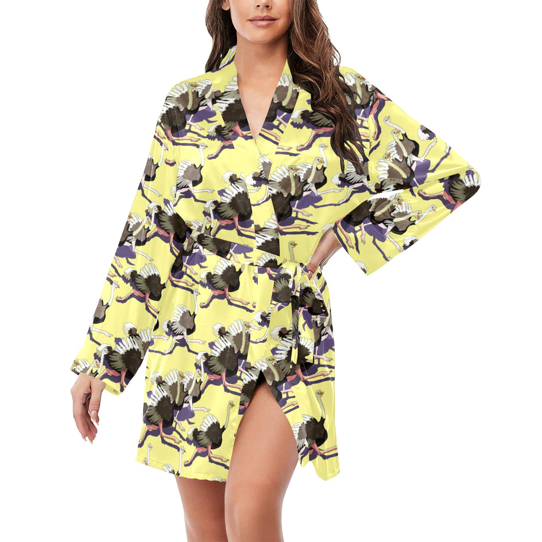 Ostrich Pattern Print Design 04 Women's Long Sleeve Belted Night Robe