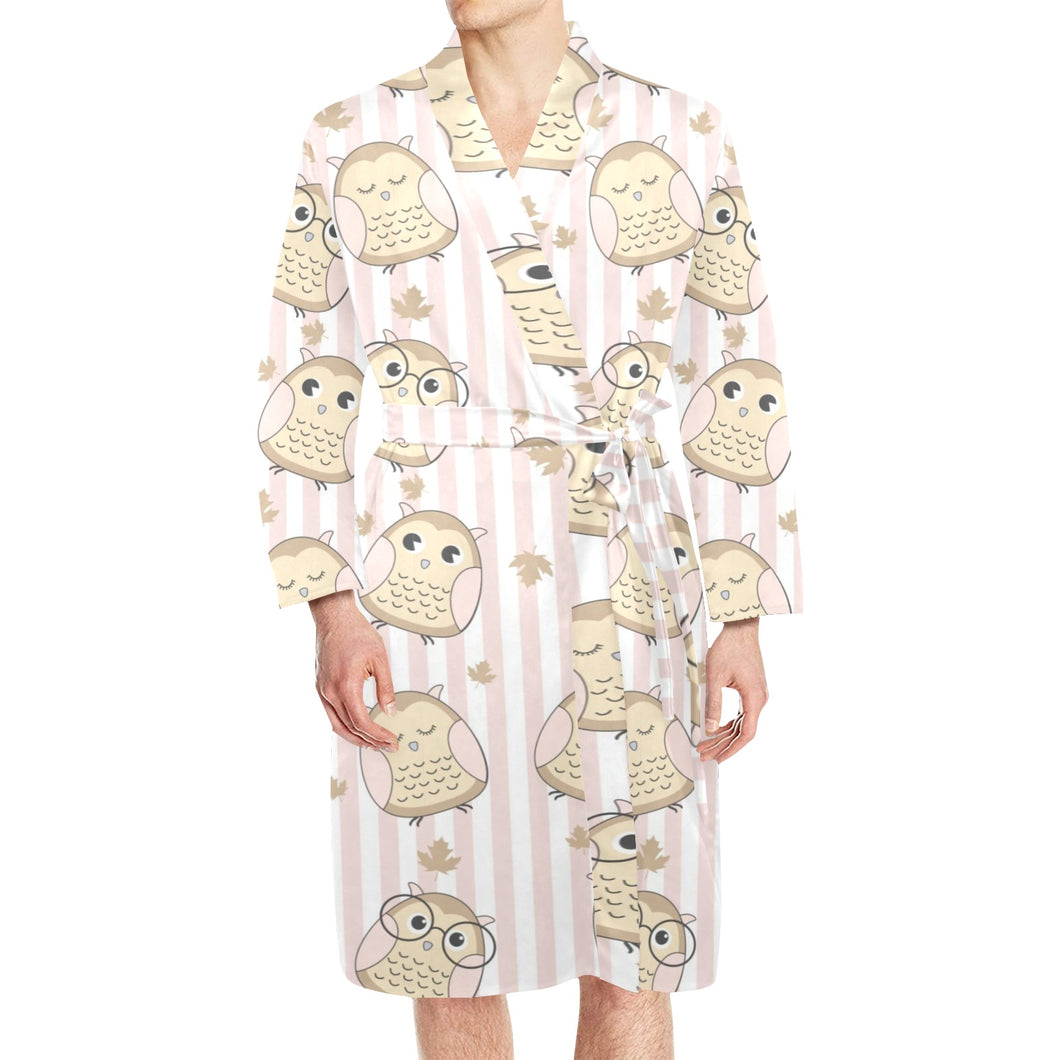 cute owl leaf Men's Long Sleeve Belted Night Robe