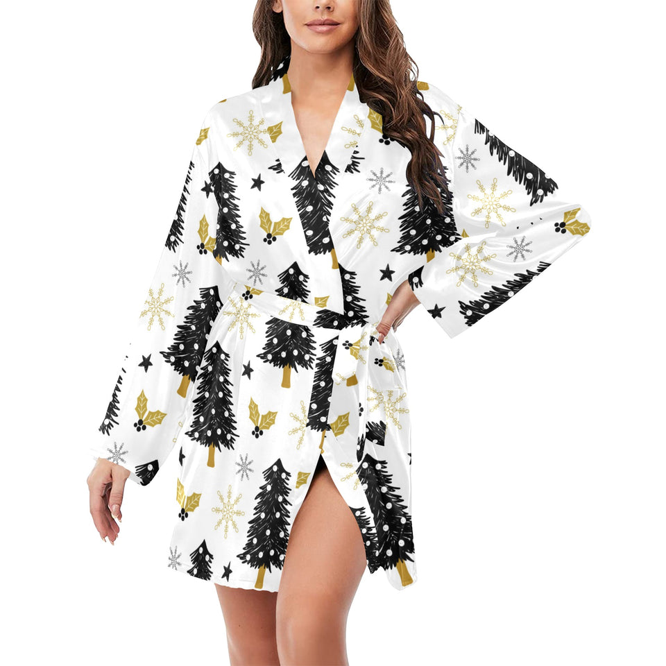 Christmas tree holly snow star pattern Women's Long Sleeve Belted Night Robe