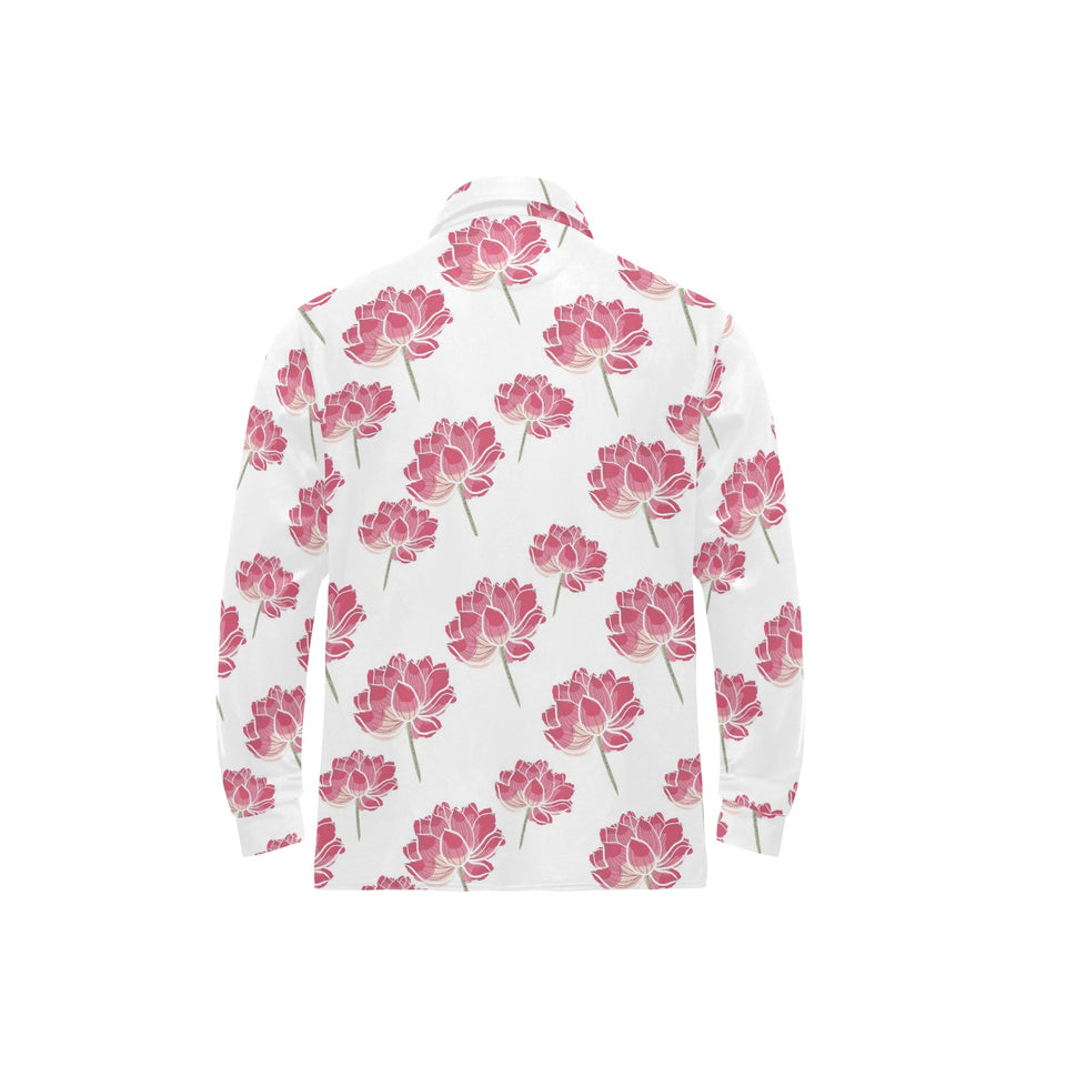 Pink lotus waterlily pattern Men's Long Sleeve Polo Shirt