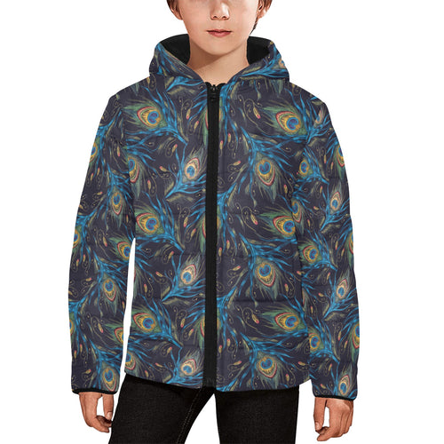 Beautiful peacock feather pattern Kids' Boys' Girls' Padded Hooded Jacket