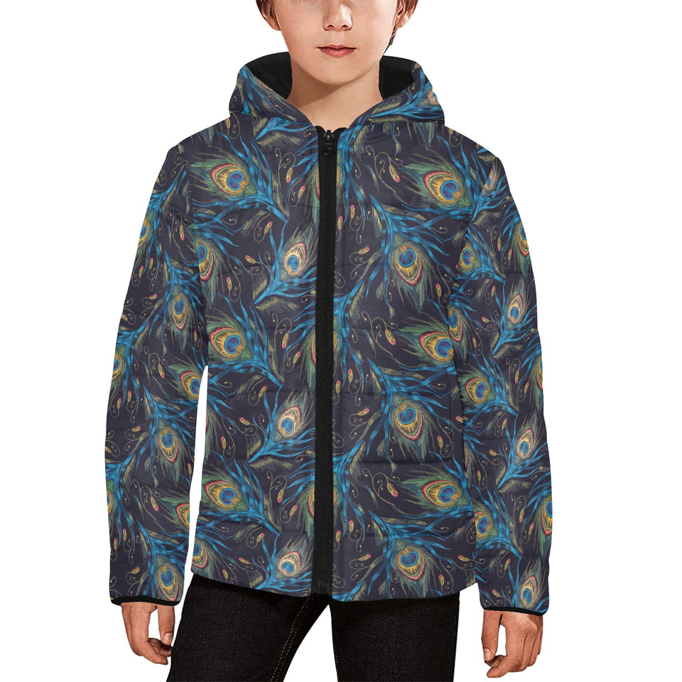 Beautiful peacock feather pattern Kids' Boys' Girls' Padded Hooded Jacket