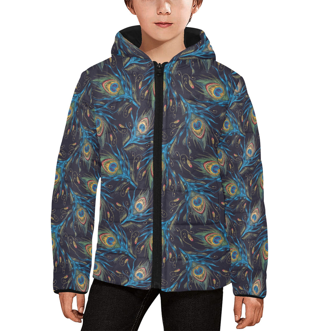 Beautiful peacock feather pattern Kids' Boys' Girls' Padded Hooded Jacket