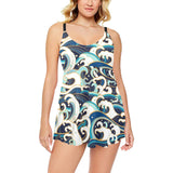Japanese wave pattern Chest Sexy Pleated Two Piece Swim Dress