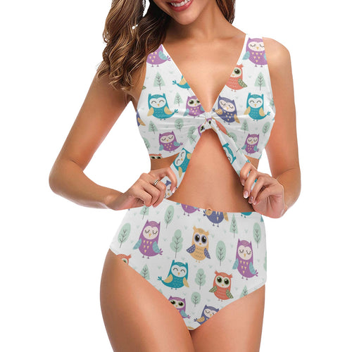Cute owl pattern Chest Bowknot High Waisted Bikini Swimsuit