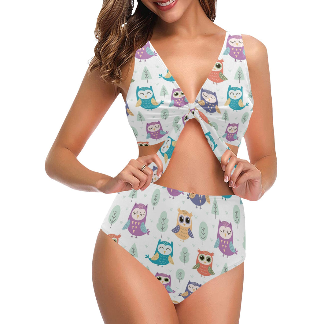Cute owl pattern Chest Bowknot High Waisted Bikini Swimsuit