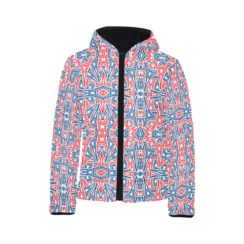 Blue Red Eiffel Tower Pattern Print Design 02 Kids' Boys' Girls' Padded Hooded Jacket