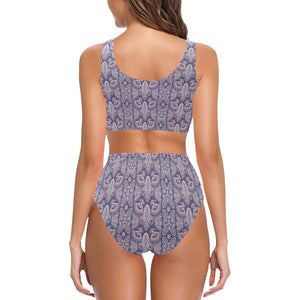 Indian Batik Style pattern Chest Bowknot High Waisted Bikini Swimsuit