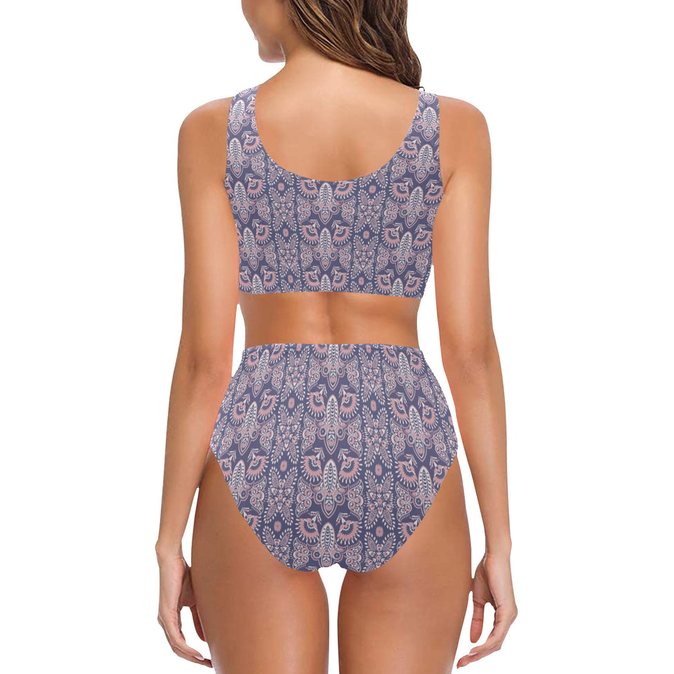 Indian Batik Style pattern Chest Bowknot High Waisted Bikini Swimsuit