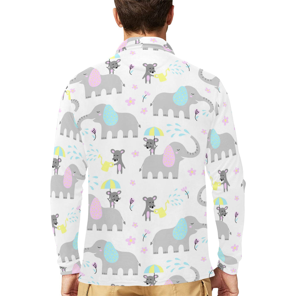 Cute elephant mouse pattern Men's Long Sleeve Polo Shirt