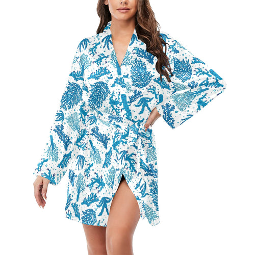 Coral Reef Pattern Print Design 01 Women's Long Sleeve Belted Night Robe