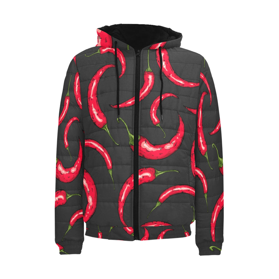 Chili peppers pattern black background Men's Padded Hooded Jacket