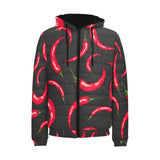 Chili peppers pattern black background Men's Padded Hooded Jacket
