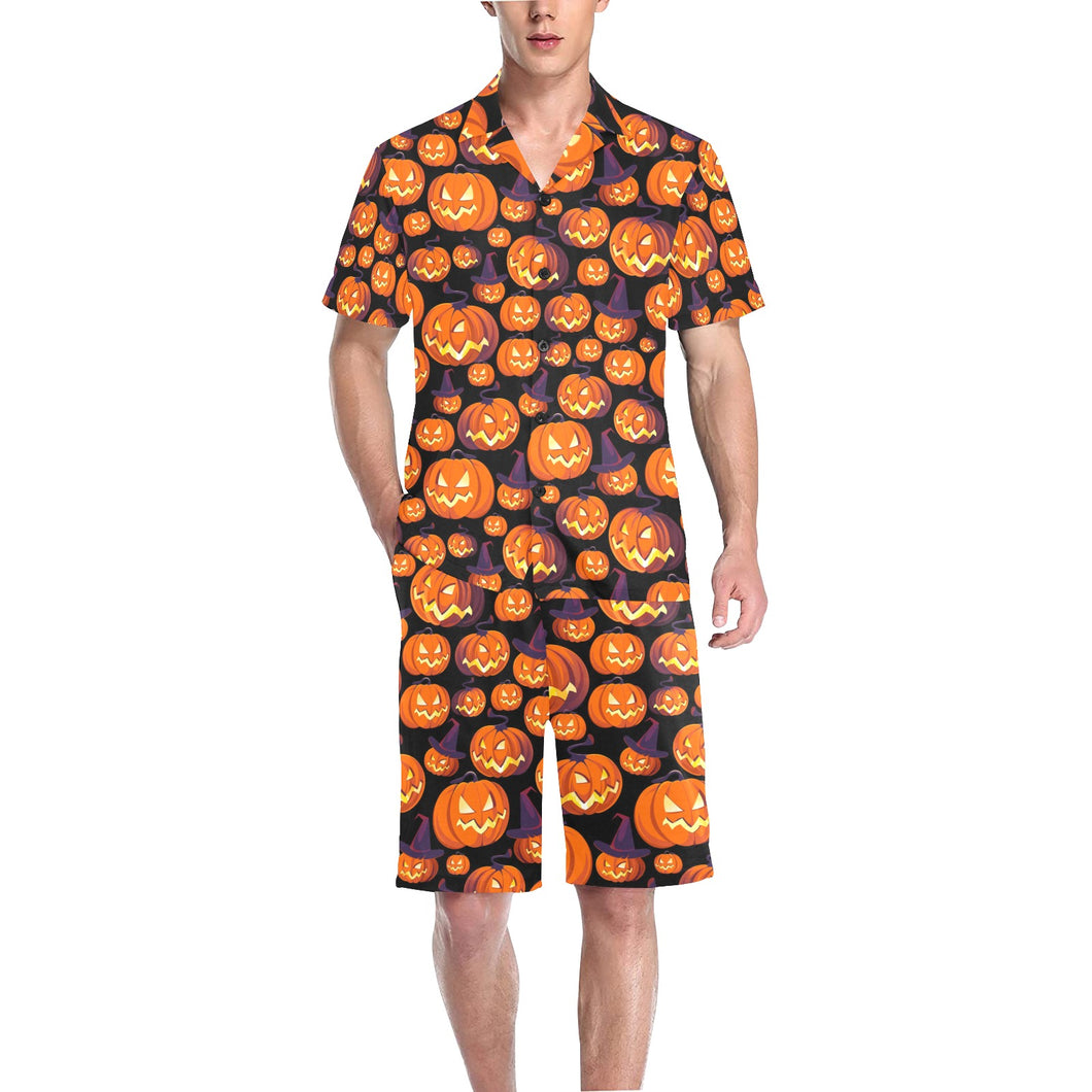 Halloween Pumpkin pattern Men's V-Neck Short Pajama Set