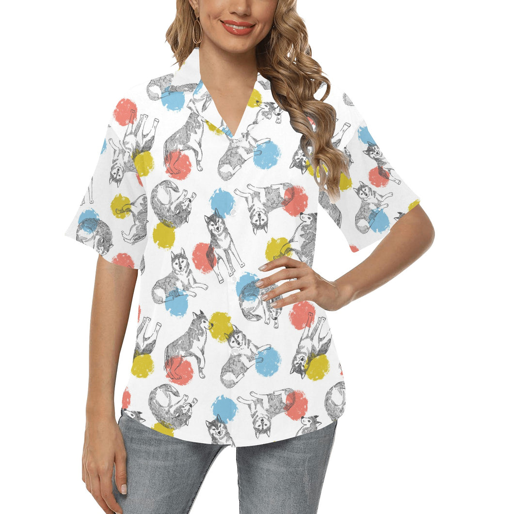 Siberian husky and colorful circle pattern Women's All Over Print Hawaiian Shirt