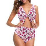 pink sketch tulip pattern Chest Bowknot High Waisted Bikini Swimsuit