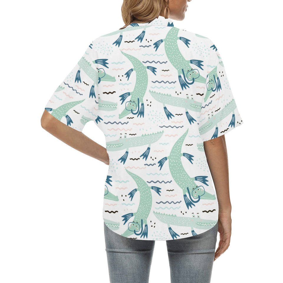 Crocodile diver pattern Women's All Over Print Hawaiian Shirt