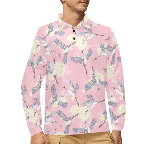 Japanese crane rose pattern Men's Long Sleeve Polo Shirt