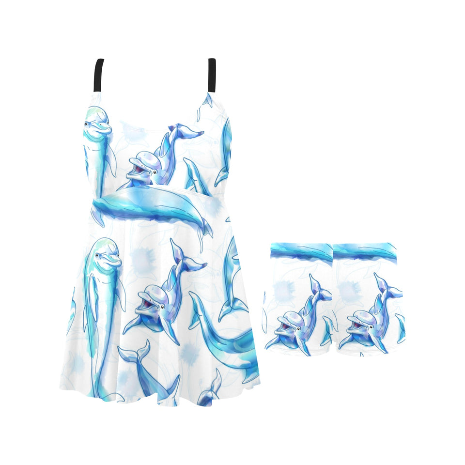 Watercolor dolphin pattern Chest Sexy Pleated Two Piece Swim Dress