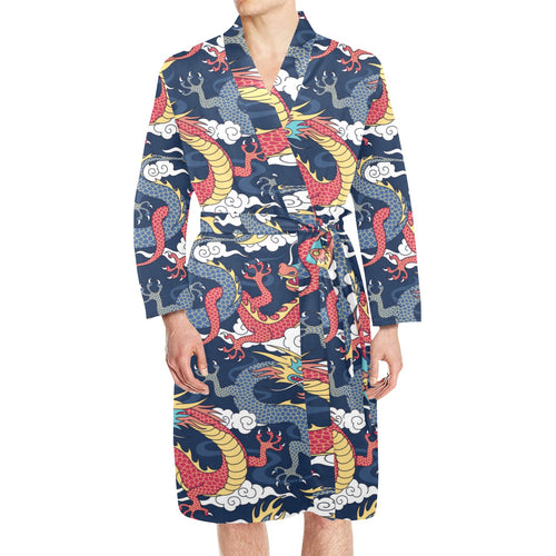 Blue red dragon cloud pattern Men's Long Sleeve Belted Night Robe