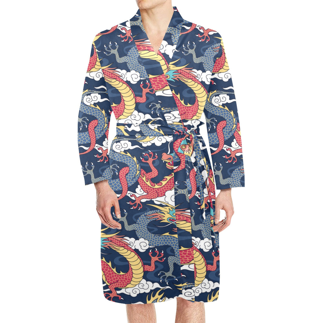 Blue red dragon cloud pattern Men's Long Sleeve Belted Night Robe