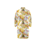 Cool Bee honeycomb leaves pattern Men's Long Sleeve Belted Night Robe