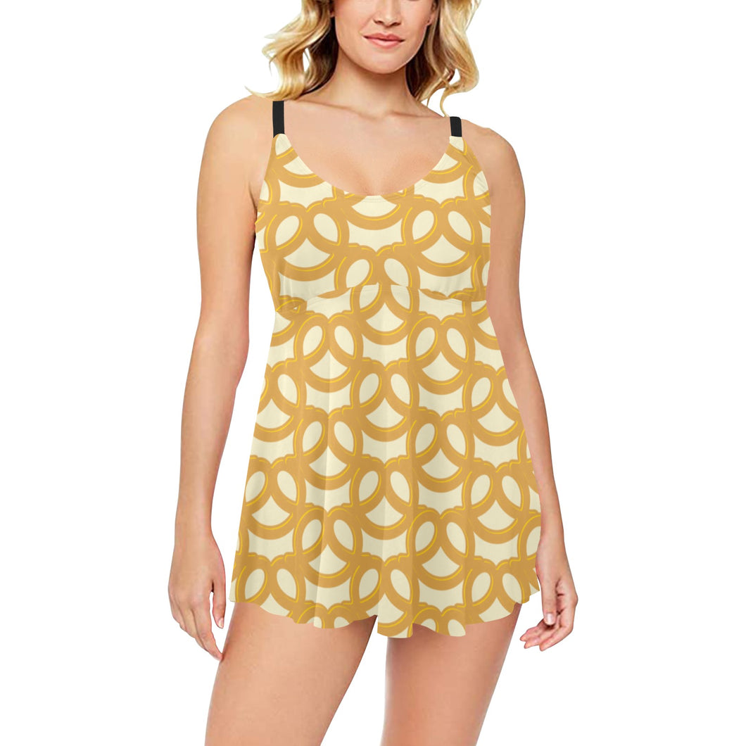 Pretzels Pattern Print Design 01 Chest Sexy Pleated Two Piece Swim Dress