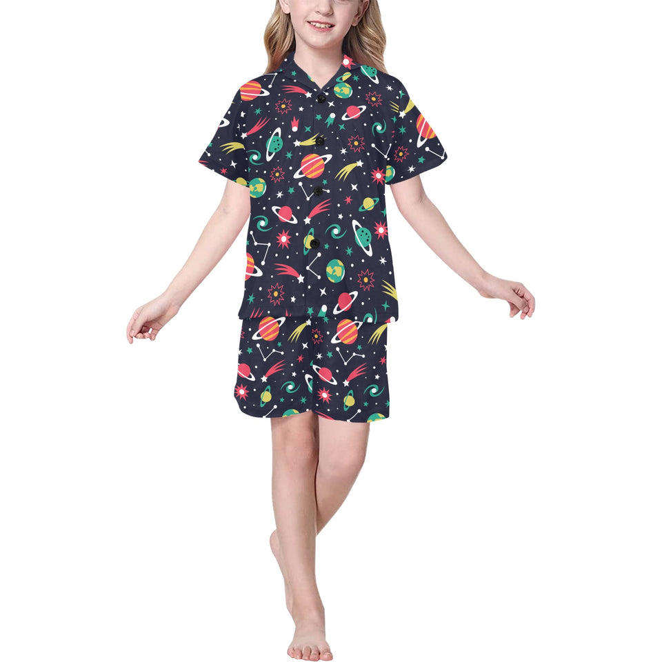 colorful space pattern planet star Kids' Boys' Girls' V-Neck Short Pajama Set