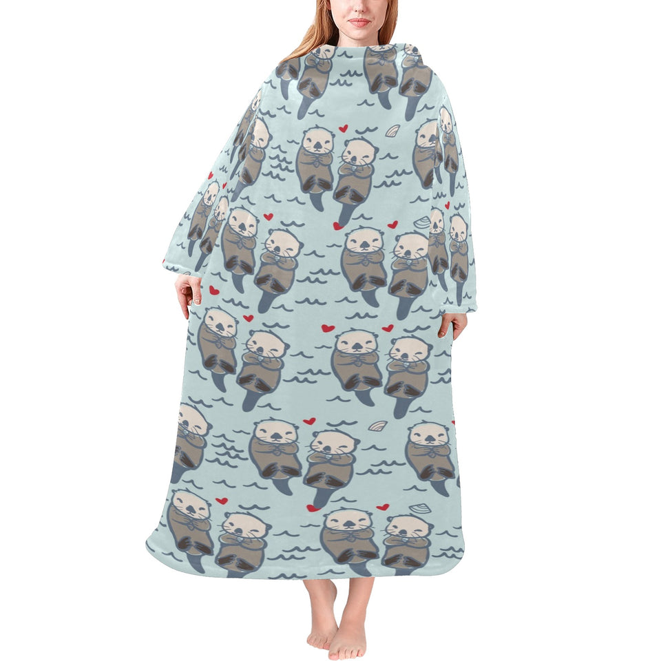 Lovely Sea Otter Pattern Blanket Robe with Sleeves