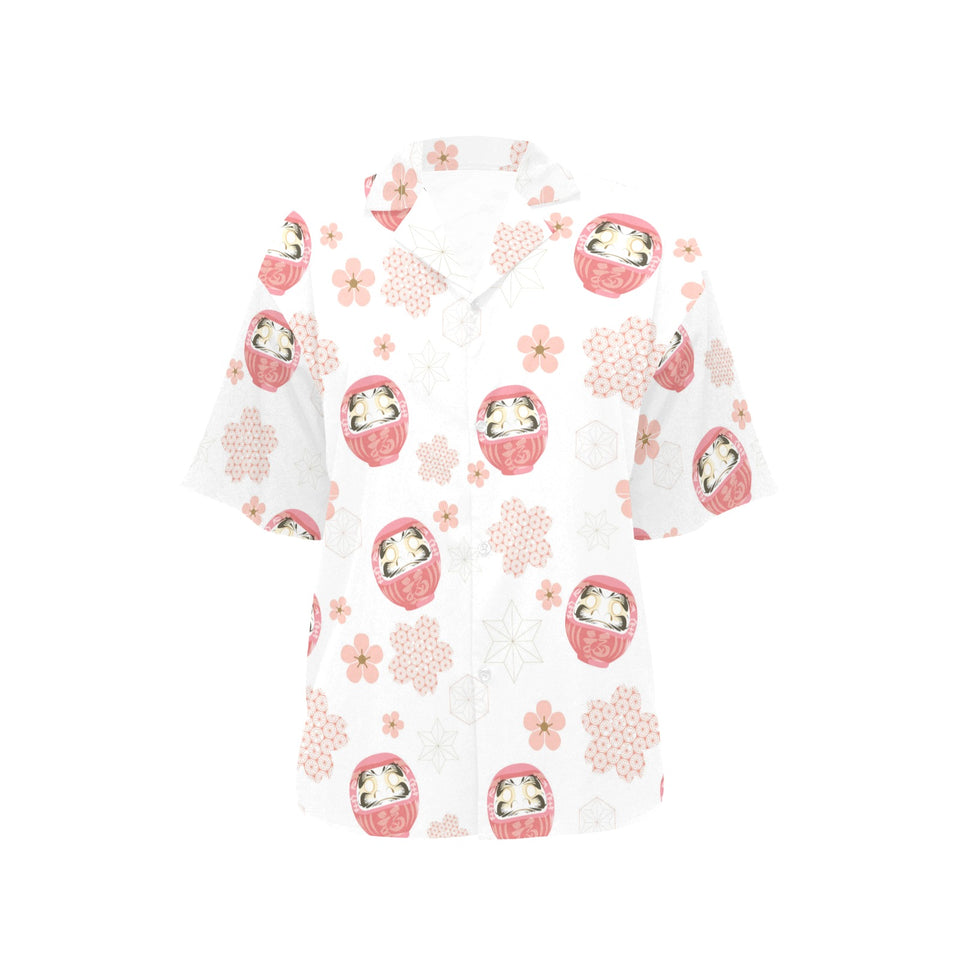 Daruma japanese wooden doll cherry blossom flower Women's All Over Print Hawaiian Shirt