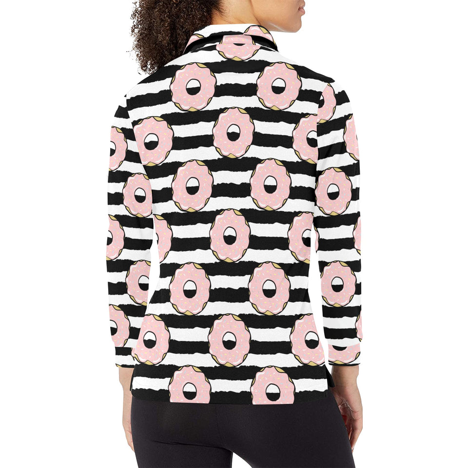 Donuts pink icing striped pattern Women's Long Sleeve Polo Shirt