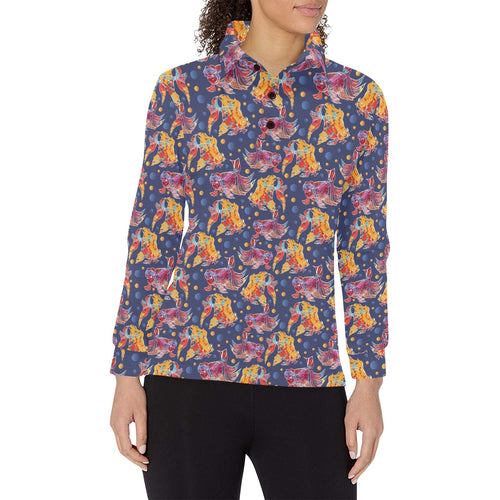 Goldfish Pattern Print Design 05 Women's Long Sleeve Polo Shirt