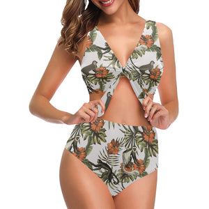 Monkey red hibiscus flower palm leaves floral patt Chest Bowknot High Waisted Bikini Swimsuit