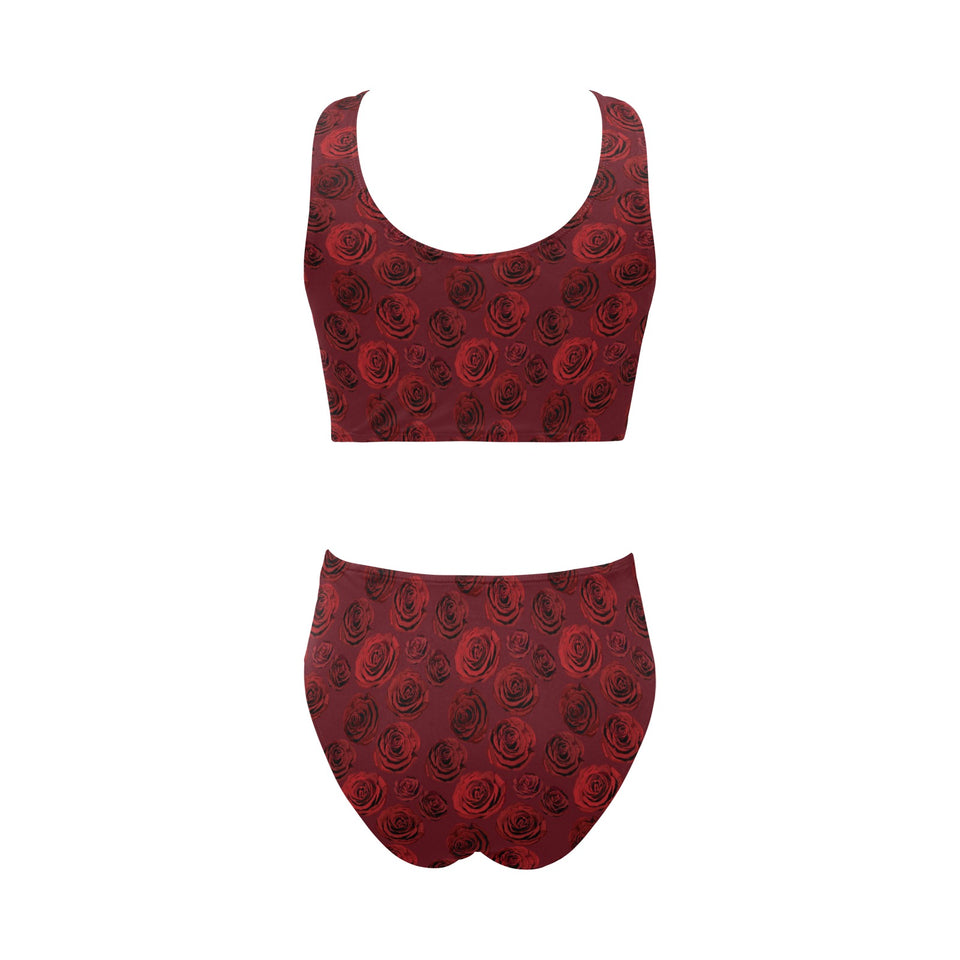 Rose Pattern Print Design 03 Chest Bowknot High Waisted Bikini Swimsuit