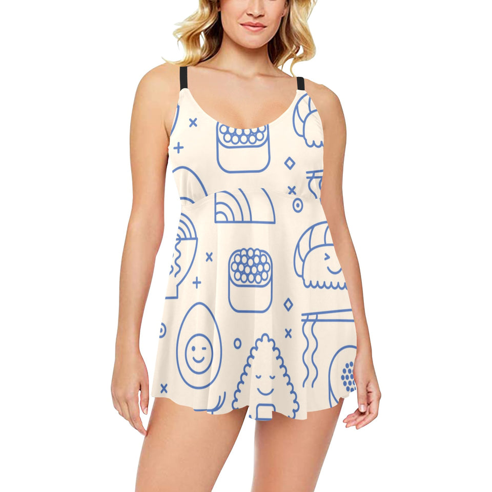 Cute sushi icon pattern Chest Sexy Pleated Two Piece Swim Dress