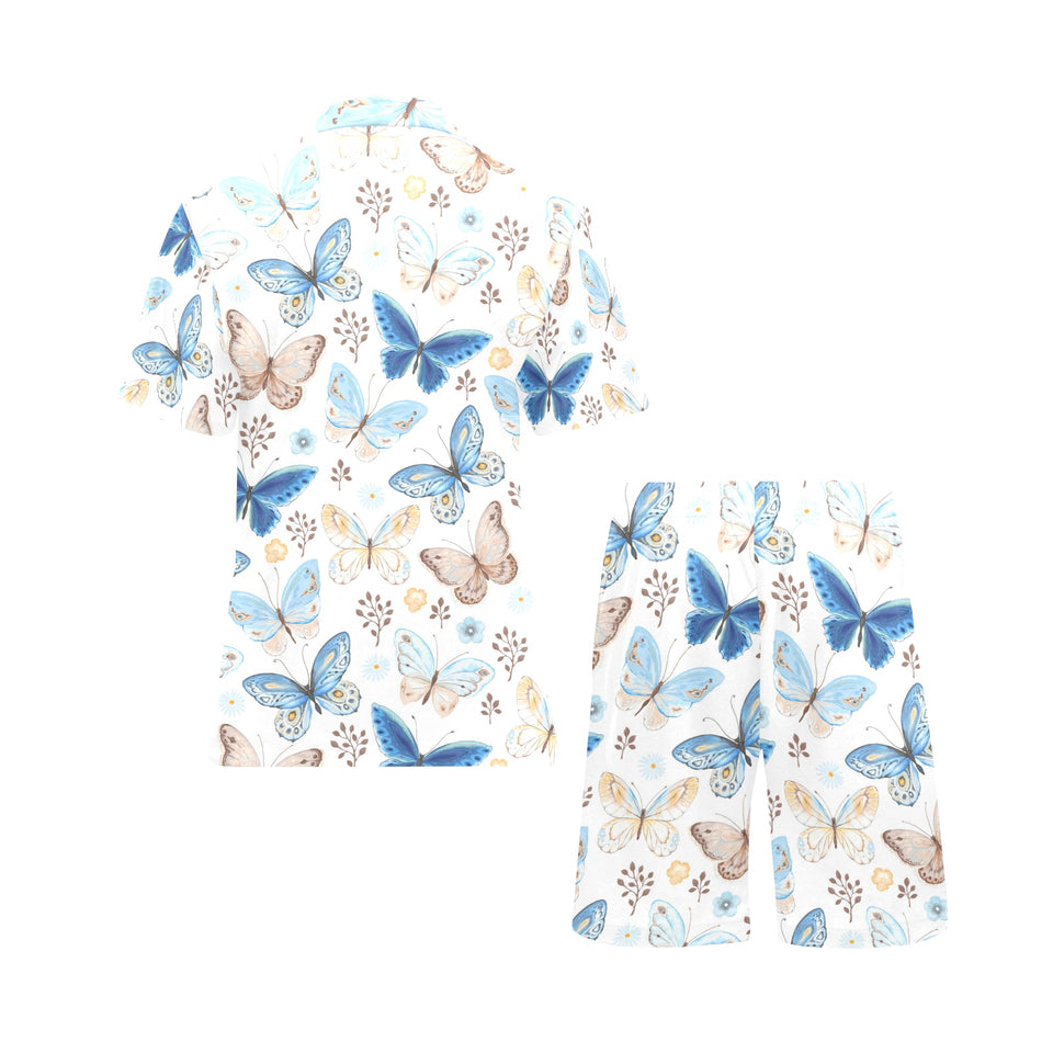 blue butterfly pattern Men's V-Neck Short Pajama Set