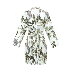 Monkey sloth lemur palm trees pattern Women's Long Sleeve Belted Night Robe