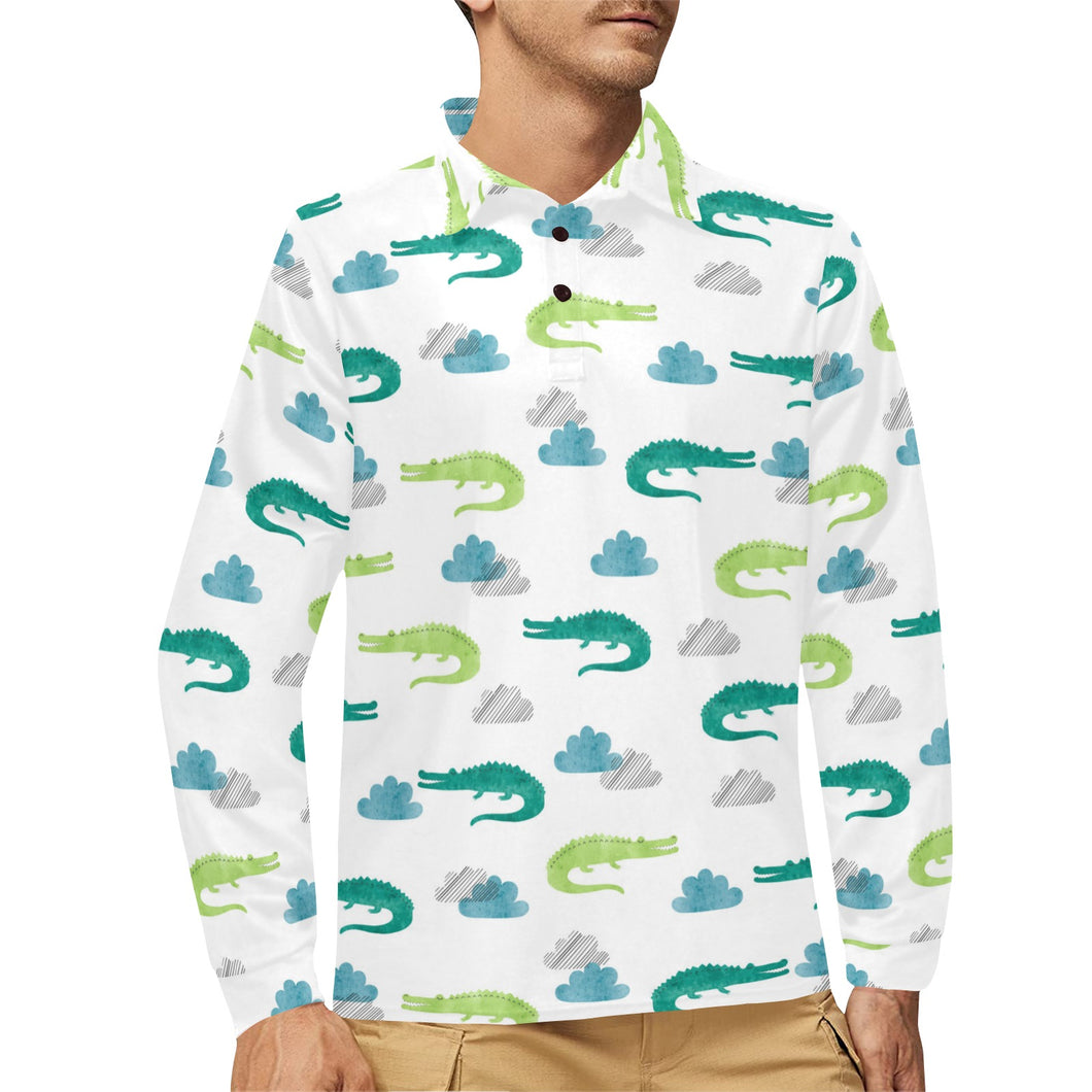 watercolor crocodile pattern Men's Long Sleeve Polo Shirt