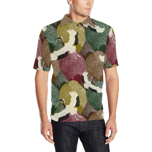 Japanese cranes flying forest dot pattern Men's All Over Print Polo Shirt