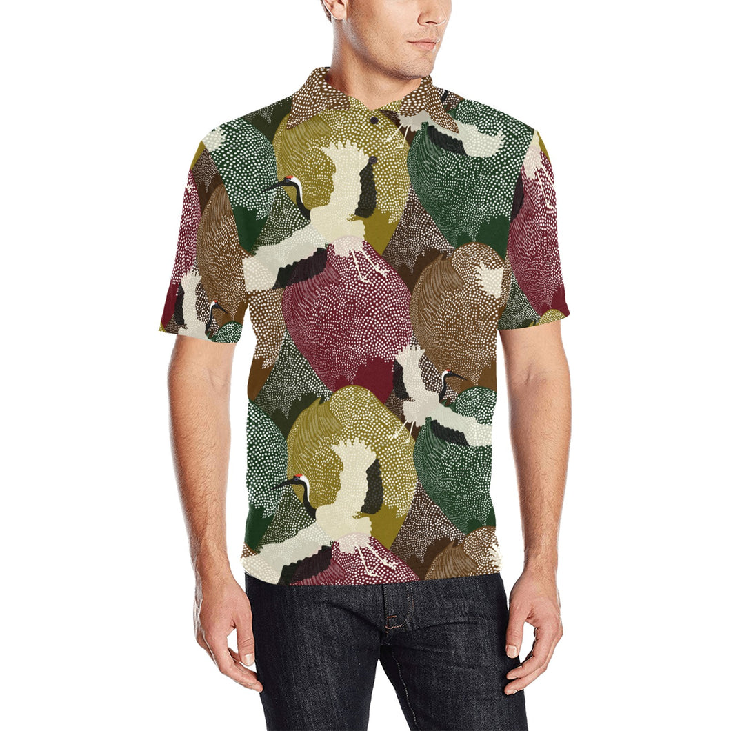 Japanese cranes flying forest dot pattern Men's All Over Print Polo Shirt