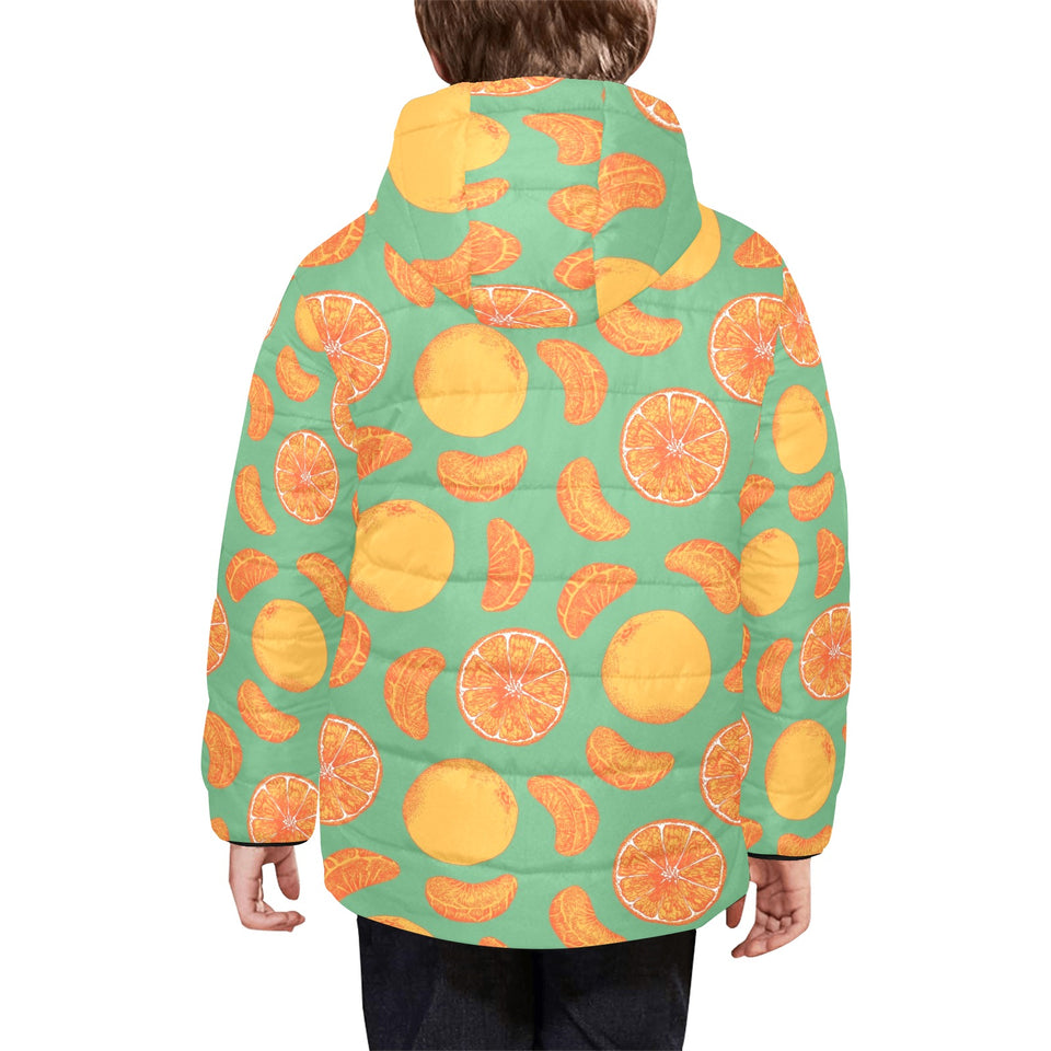 orange fruit pattern green background Kids' Boys' Girls' Padded Hooded Jacket