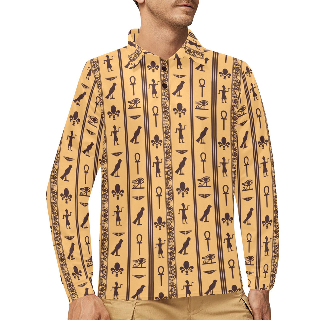 Egypt Hieroglyphics Pattern Print Design 02 Men's Long Sleeve Polo Shirt