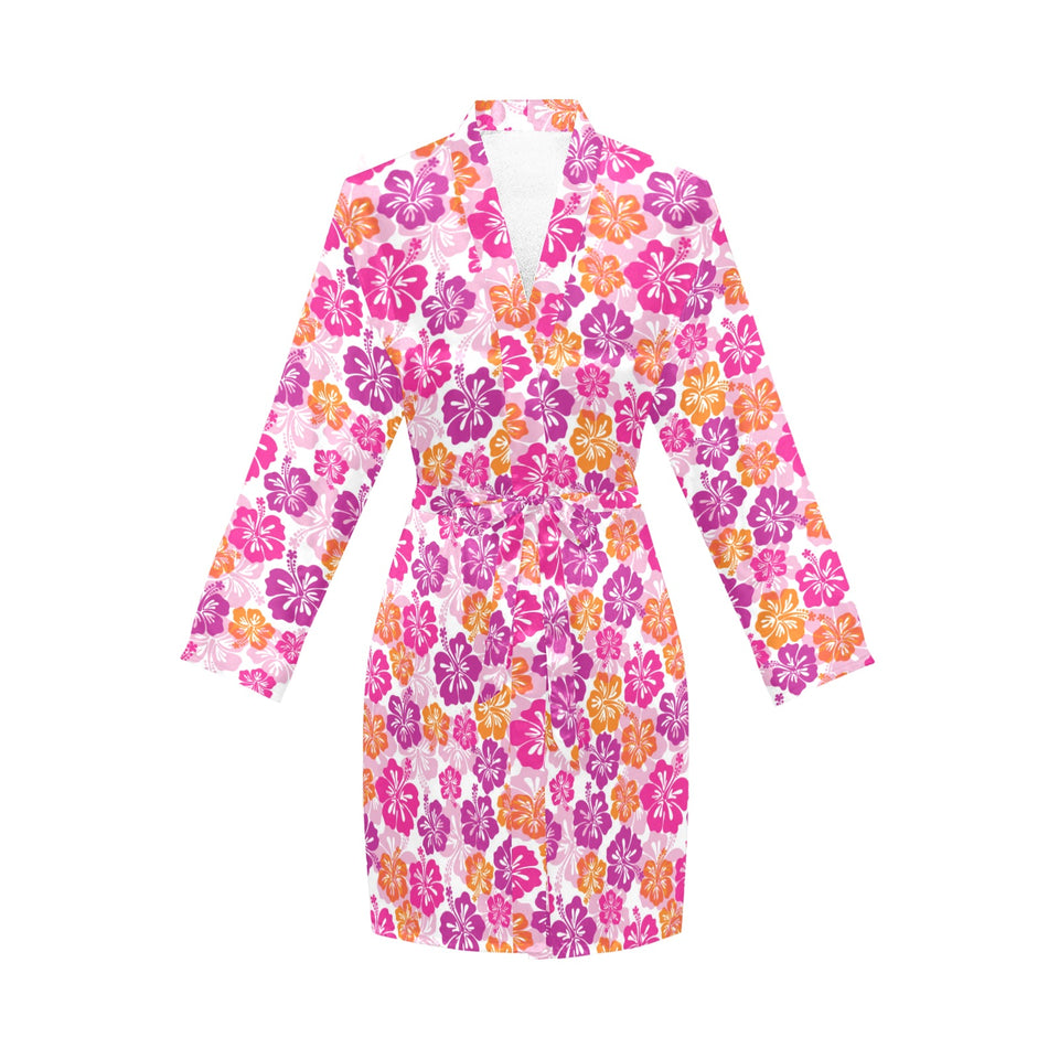 Hibiscus Pattern Print Design 01 Women's Long Sleeve Belted Night Robe