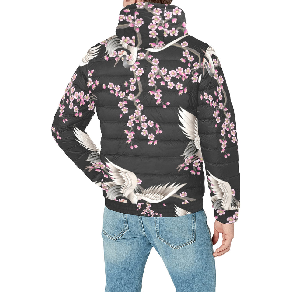 Japanese crane pink sakura pattern Men's Padded Hooded Jacket